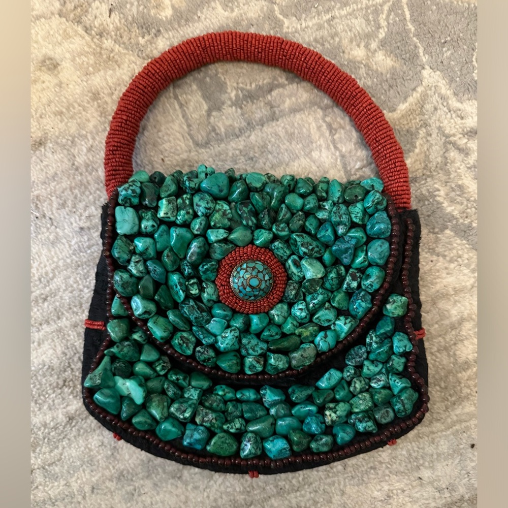 Turquoise stoned beaded hand bag, vintage one of a kind